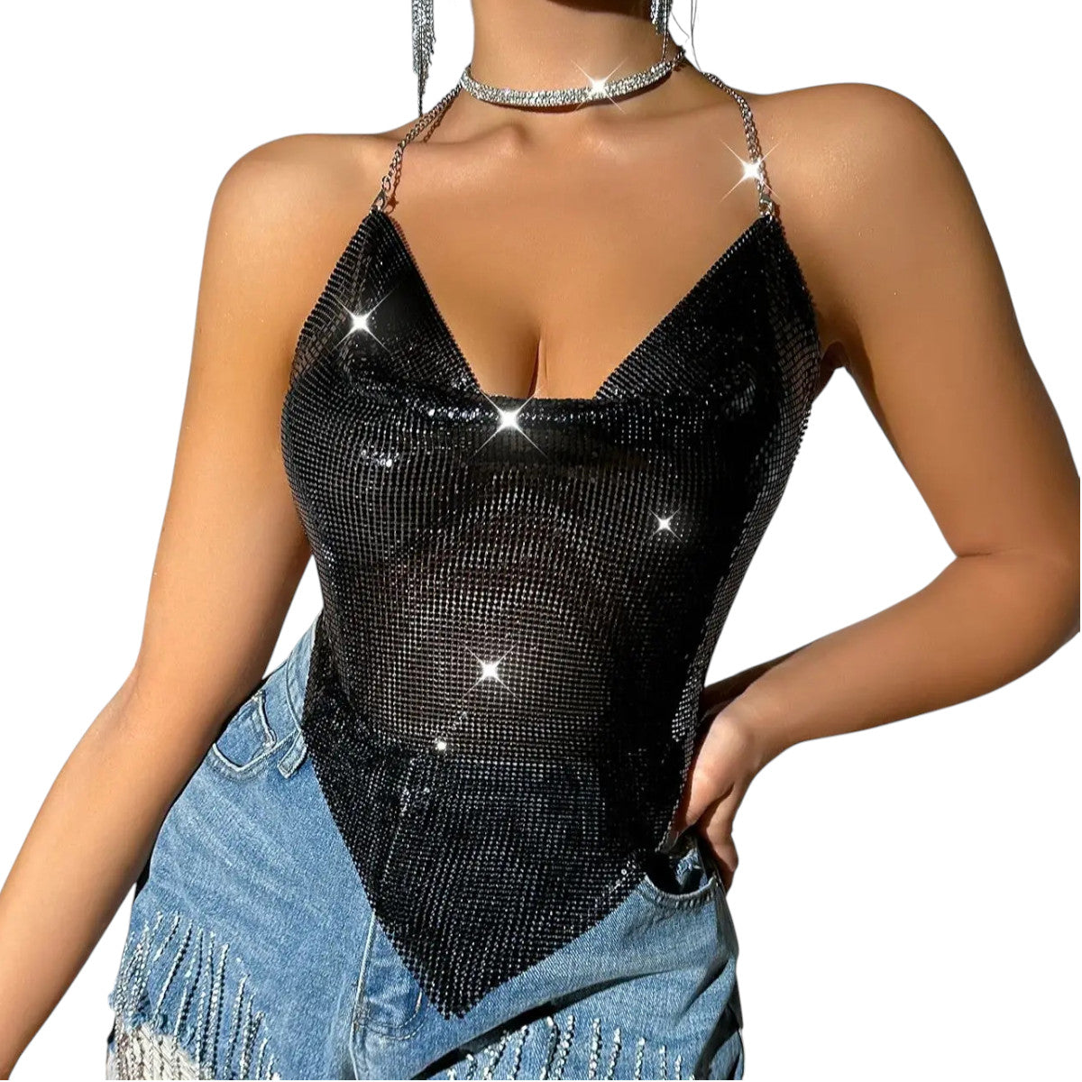 Women Sexy Metallic Chain Top  -  Sequin Rhinestone Backless Crop Outfit Sparkly EDM Party Club Night Tank Shirt