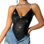Women Sexy Metallic Chain Top  -  Sequin Rhinestone Backless Crop Outfit Sparkly EDM Party Club Night Tank Shirt