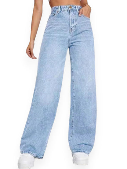 Straight Leg Jeans for Women – Mid Waist Loose Fit Denim Pants with Zipper, Casual Wide Leg Trousers