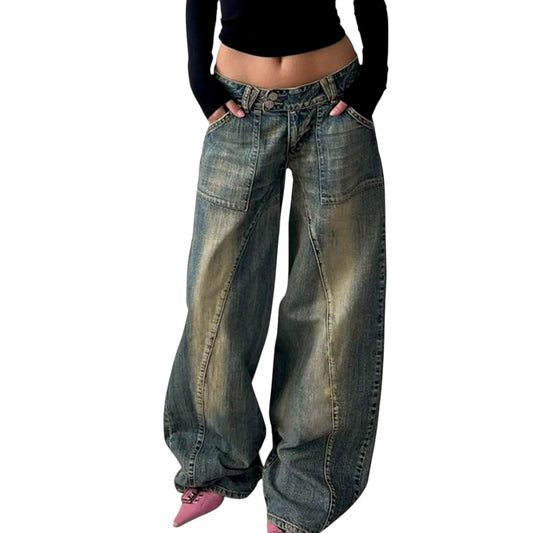 Women’s Baggy Street Style Denim Pants – Vintage Loose Fit Jeans with Pockets