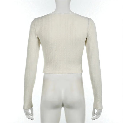 French Pure Desire Cream White Knit Long Sleeve Top – Sweet Ruffle Bow Pullover for Women