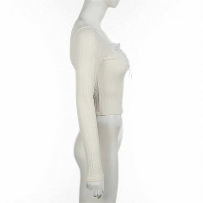 French Pure Desire Cream White Knit Long Sleeve Top – Sweet Ruffle Bow Pullover for Women