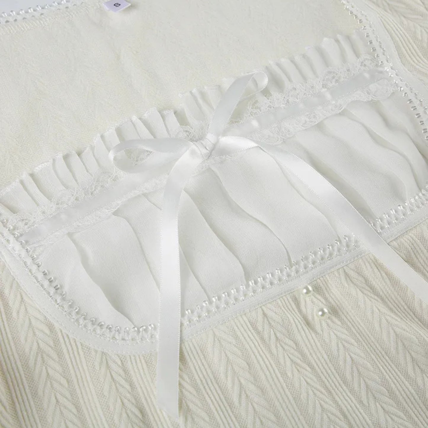 French Pure Desire Cream White Knit Long Sleeve Top – Sweet Ruffle Bow Pullover for Women