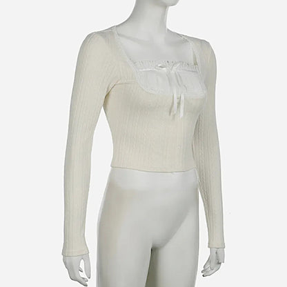 French Pure Desire Cream White Knit Long Sleeve Top – Sweet Ruffle Bow Pullover for Women