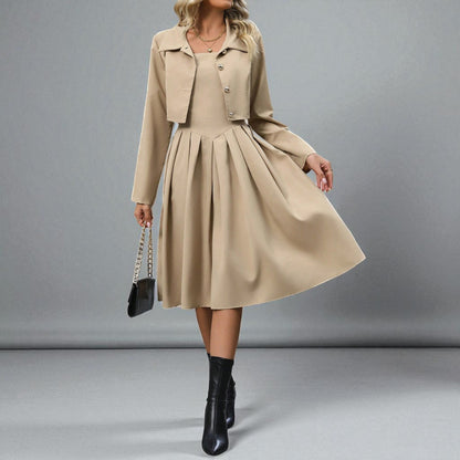 Chic Spaghetti Strap Pleated Dress & Jacket Set – Classy Women’s Outfit
