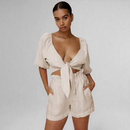 Women’s Two-Piece Street-Style Cardigan & Shorts Set – Casual Chic Cotton Outfit