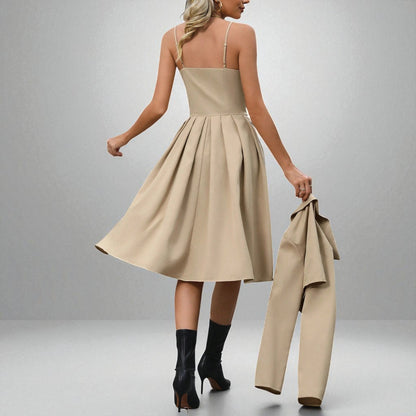 Chic Spaghetti Strap Pleated Dress & Jacket Set – Classy Women’s Outfit