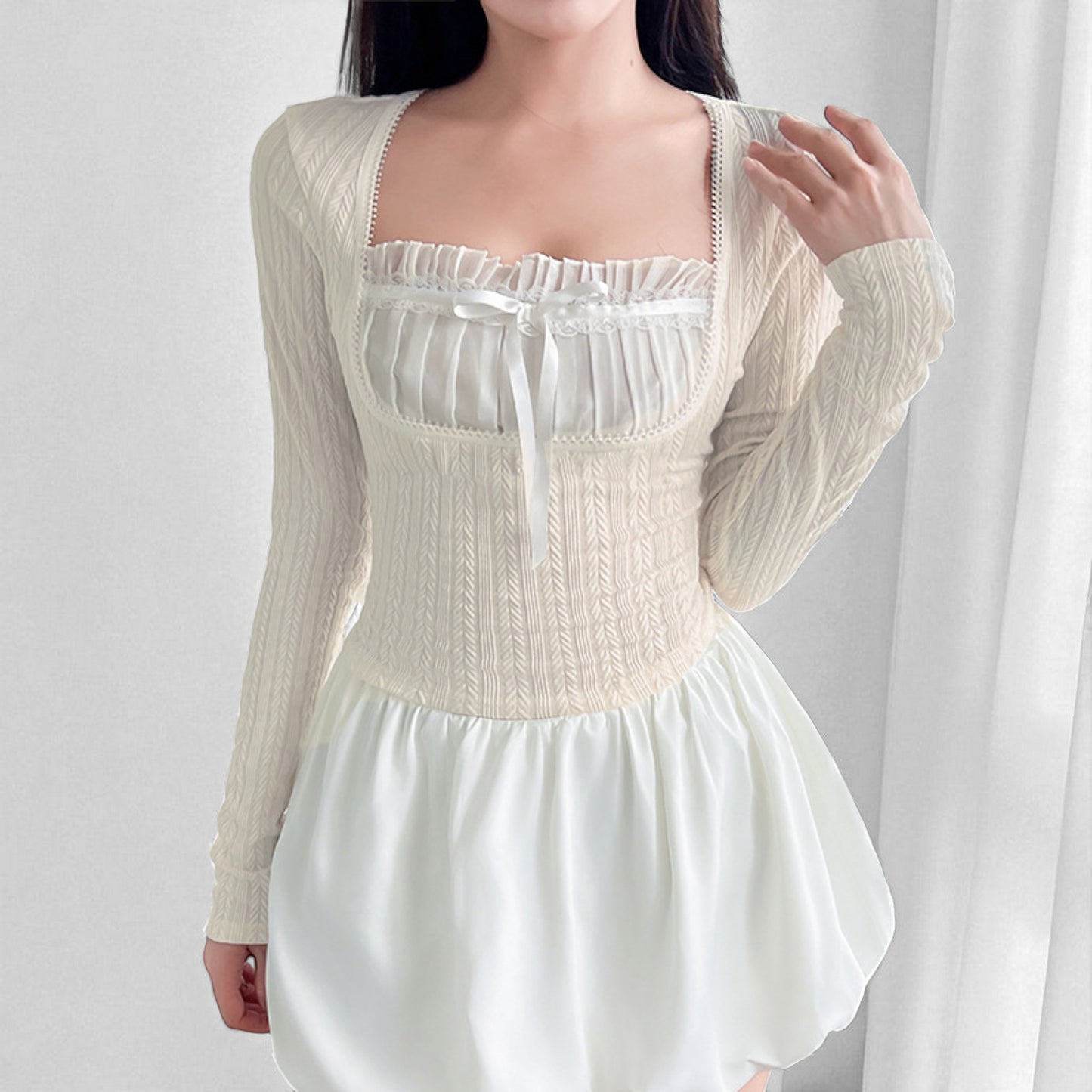 French Pure Desire Cream White Knit Long Sleeve Top – Sweet Ruffle Bow Pullover for Women