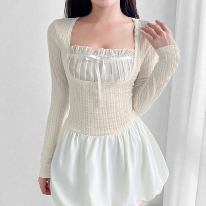 French Pure Desire Cream White Knit Long Sleeve Top – Sweet Ruffle Bow Pullover for Women