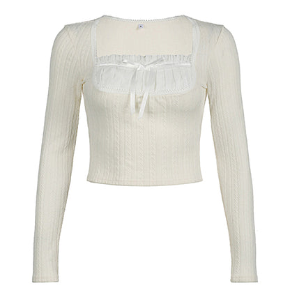 French Pure Desire Cream White Knit Long Sleeve Top – Sweet Ruffle Bow Pullover for Women