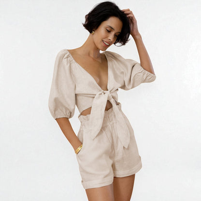 Women’s Two-Piece Street-Style Cardigan & Shorts Set – Casual Chic Cotton Outfit