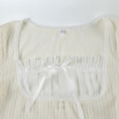 French Pure Desire Cream White Knit Long Sleeve Top – Sweet Ruffle Bow Pullover for Women
