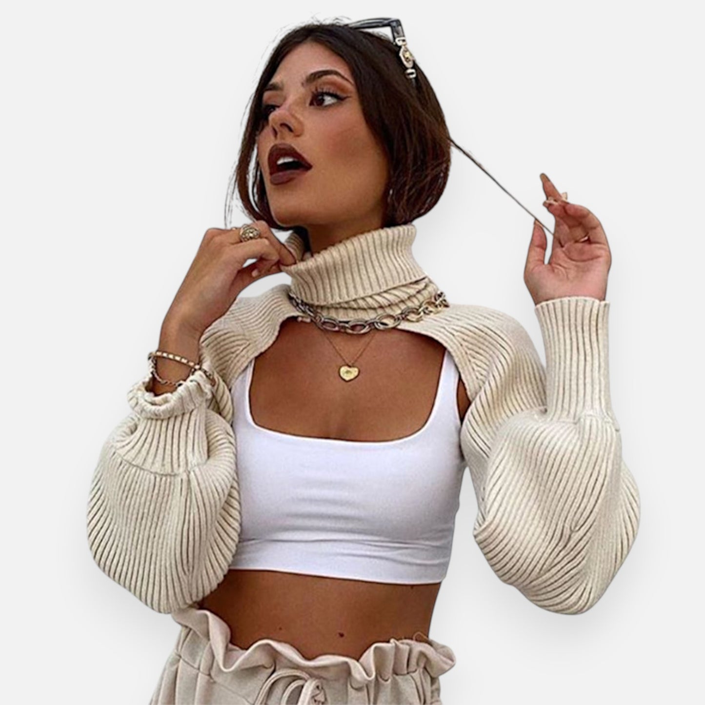 Trendy Women’s Knitted Crop Sweater – High Neck, Puff Sleeve Pullover