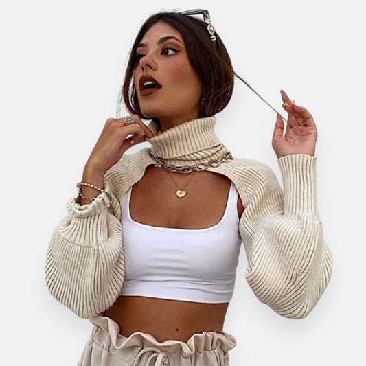 Trendy Women’s Knitted Crop Sweater – High Neck, Puff Sleeve Pullover