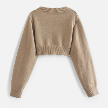 Women’s Camel Knitted Pullover – Classic Round Neck Long Sleeve Sweater