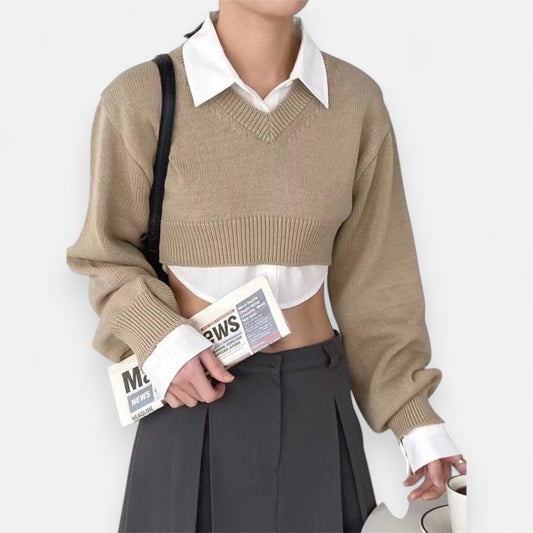 Women’s Camel Knitted Pullover – Classic Round Neck Long Sleeve Sweater