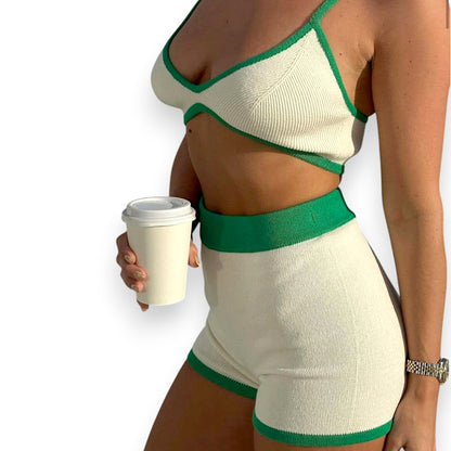 Tossy Summer Contrast Knit Outfits – Halter Top & Short Trousers Set (Y2K Style)