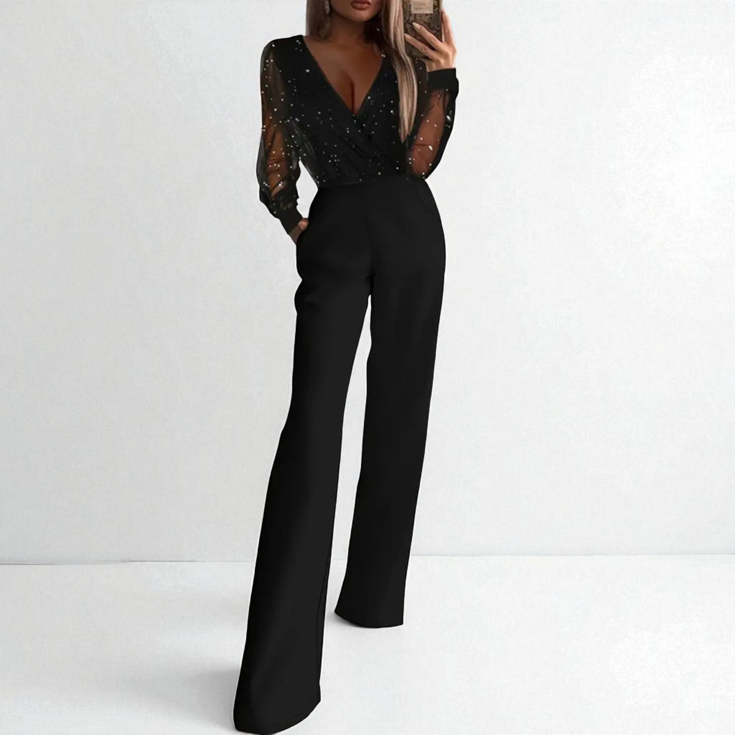 Women’s Sexy Deep V-Neck Sequin Jumpsuit – Straight Leg with Pockets for Spring & Summer