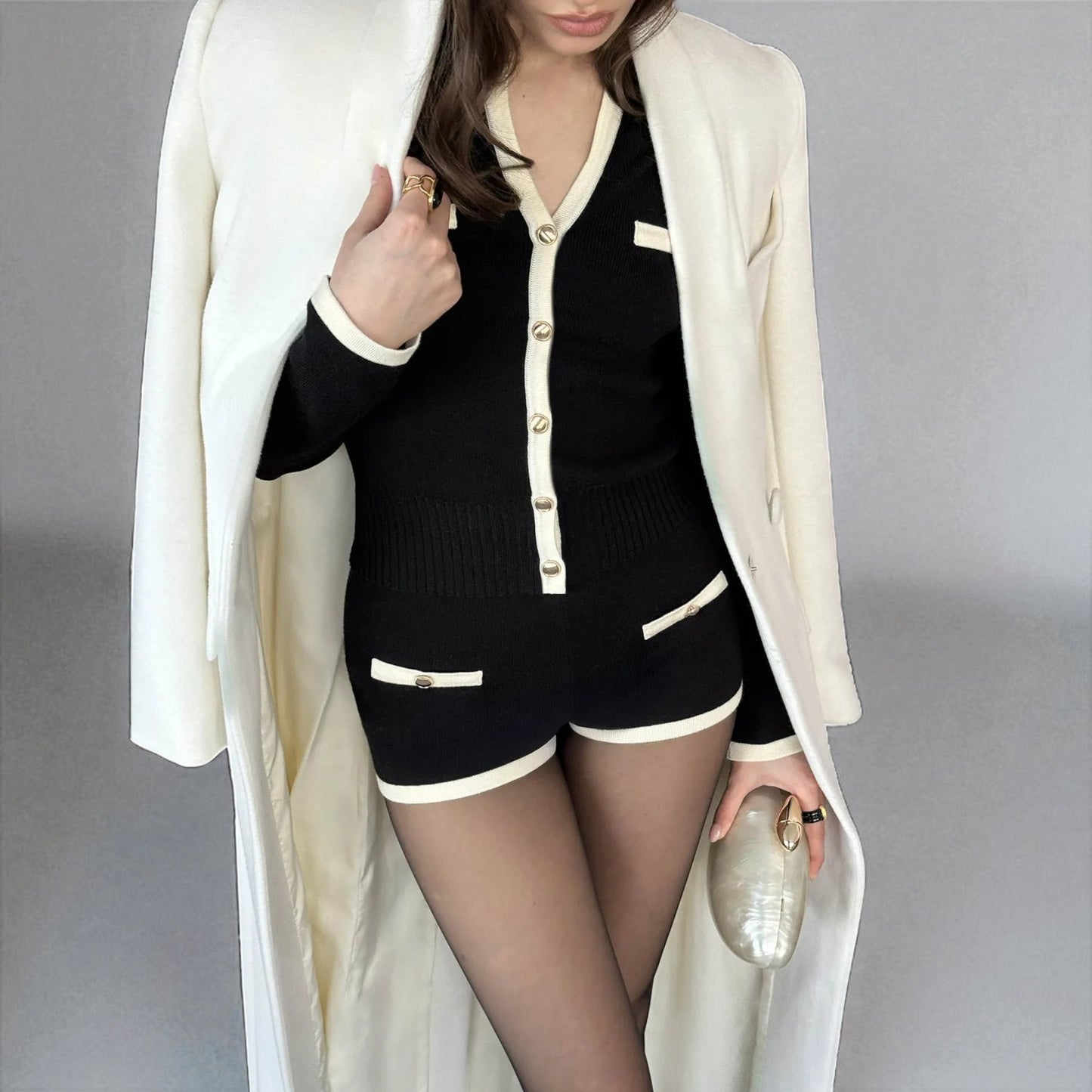 Women’s Long Sleeve Core-Spun Yarn Two-Piece Set – Elegant Work & Smart Casual Blouse with Matching Shorts