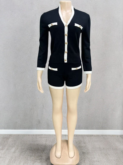 Women’s Long Sleeve Core-Spun Yarn Two-Piece Set – Elegant Work & Smart Casual Blouse with Matching Shorts