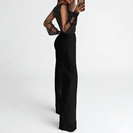Women’s Sexy Deep V-Neck Sequin Jumpsuit – Straight Leg with Pockets for Spring & Summer