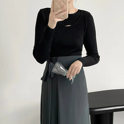 Women’s Korean Style Knitted Pullover – Simple Long Sleeve Round Neck Sweater Top