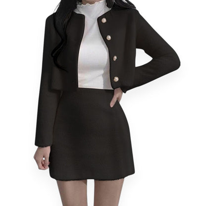Korean Style Sweet Velvet Blazer & Mini Skirt Set – Long Sleeve Two-Piece Outfit