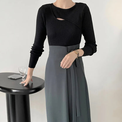 Women’s Korean Style Knitted Pullover – Simple Long Sleeve Round Neck Sweater Top