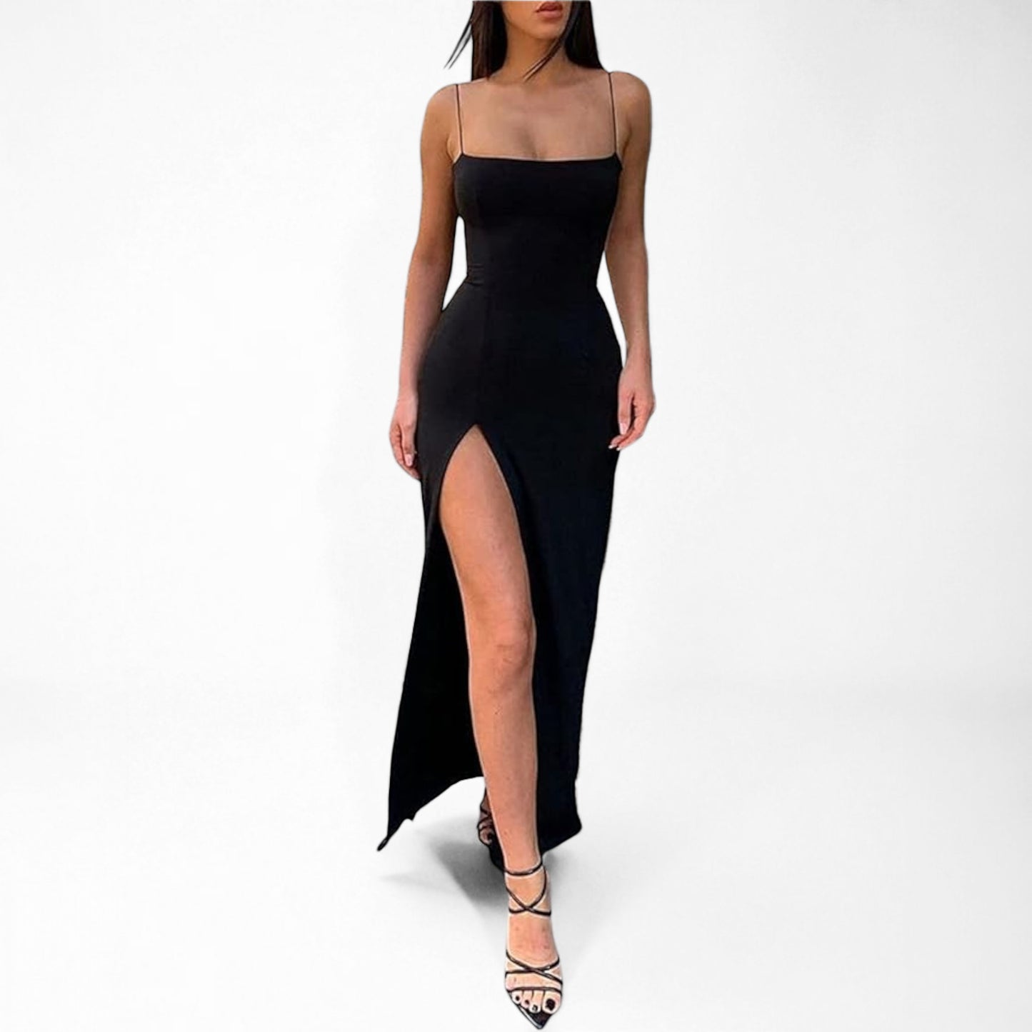 Women’s Slim Fit Spaghetti Strap Maxi Dress – Thigh Slit Formal Evening Gown