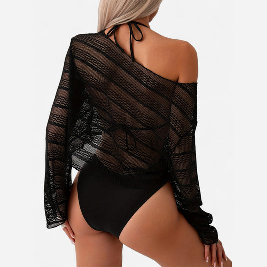 Women's 3-Piece V Triangle Bikini Set – Long Sleeve Cover-Up Swimwear