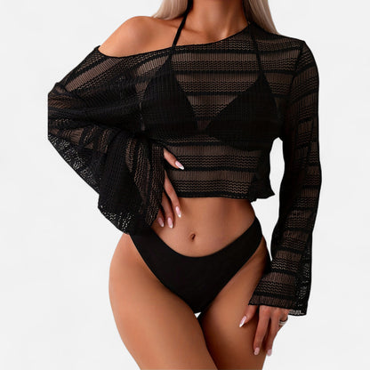 Women's 3-Piece V Triangle Bikini Set – Long Sleeve Cover-Up Swimwear