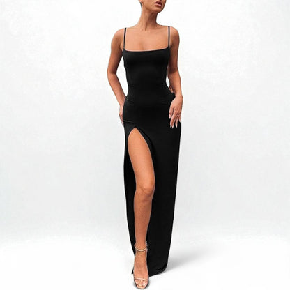 Women’s Slim Fit Spaghetti Strap Maxi Dress – Thigh Slit Formal Evening Gown