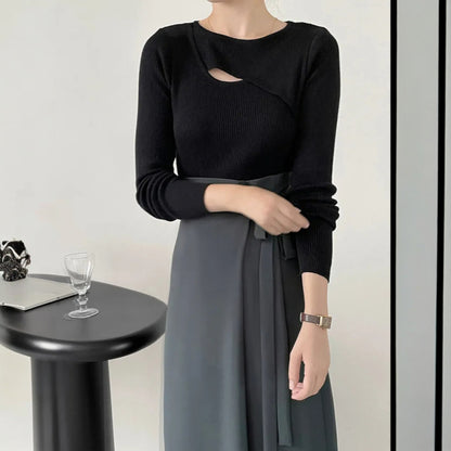 Women’s Korean Style Knitted Pullover – Simple Long Sleeve Round Neck Sweater Top