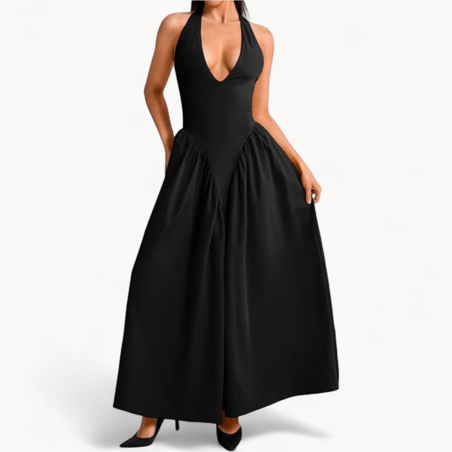 Women’s Fashion Long Summer Dress – Deep V Neck, Spliced Halter, Open Back Evening & Beach Dress