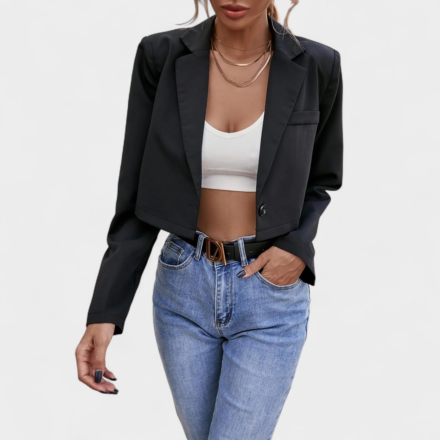 Women’s Slim Fit Cropped Jacket – Open Belly Button Polyester Blazer Top