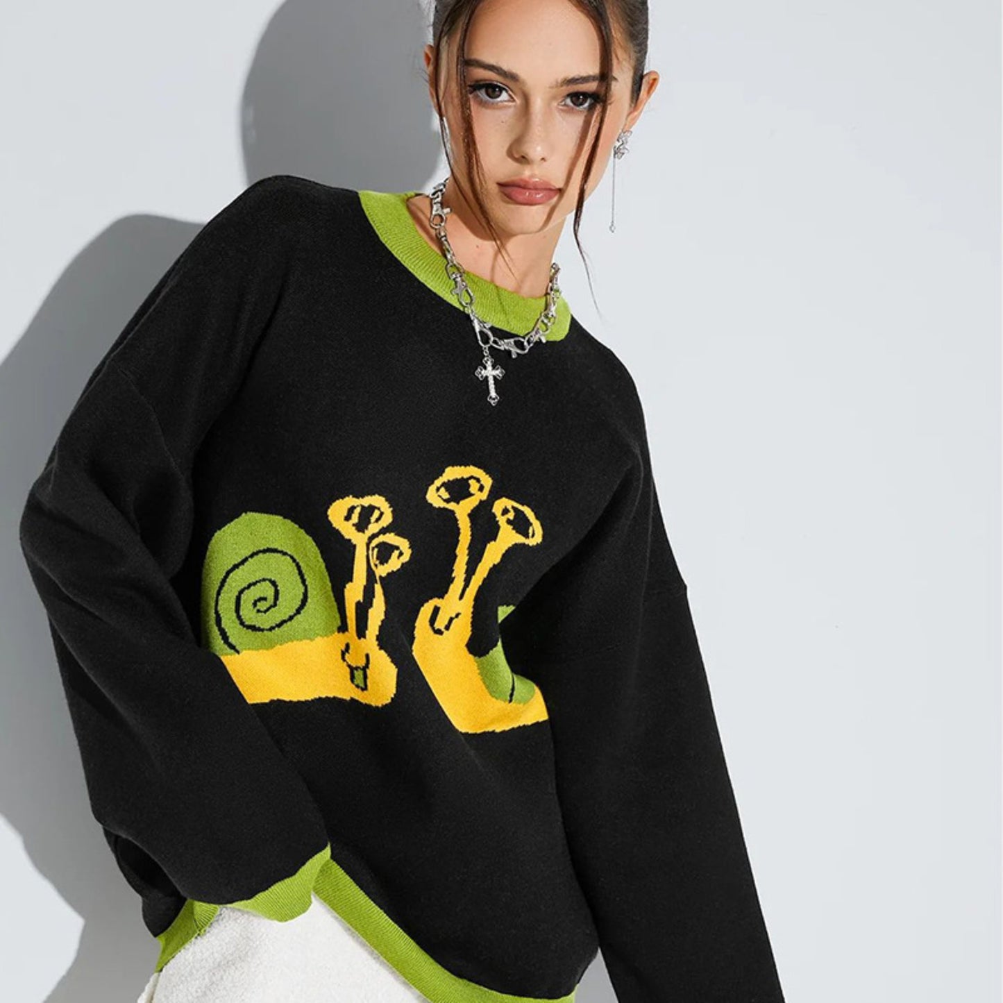 Women’s Street Style Cartoon Pullover – Jacquard Long Sleeve Polyester Top