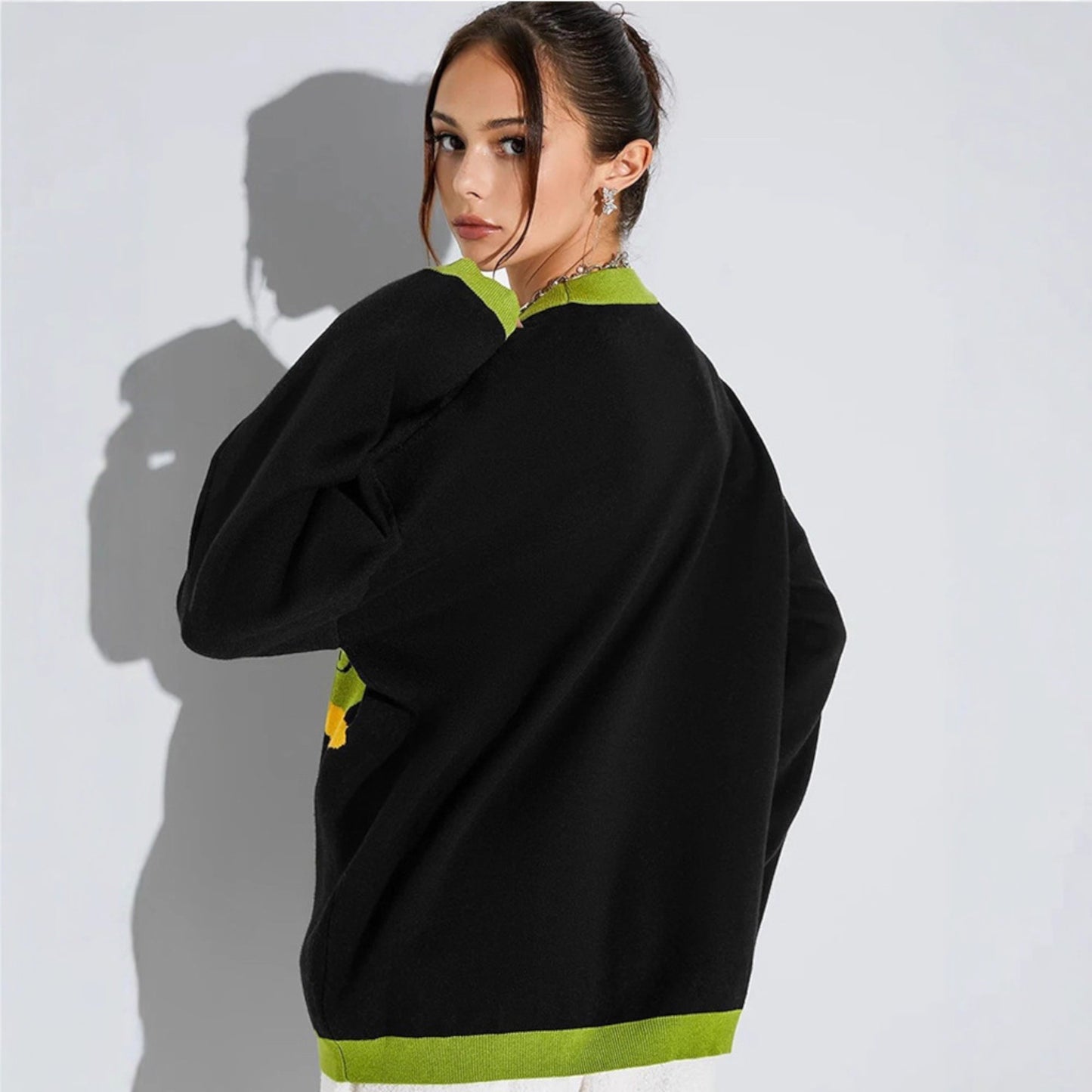 Women’s Street Style Cartoon Pullover – Jacquard Long Sleeve Polyester Top