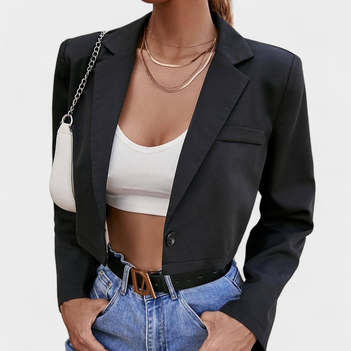 Women’s Slim Fit Cropped Jacket – Open Belly Button Polyester Blazer Top