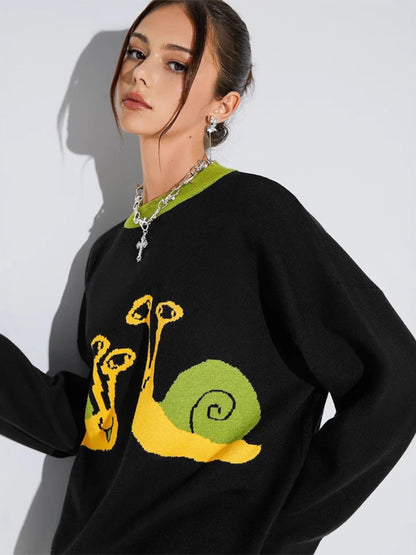 Women’s Street Style Cartoon Pullover – Jacquard Long Sleeve Polyester Top
