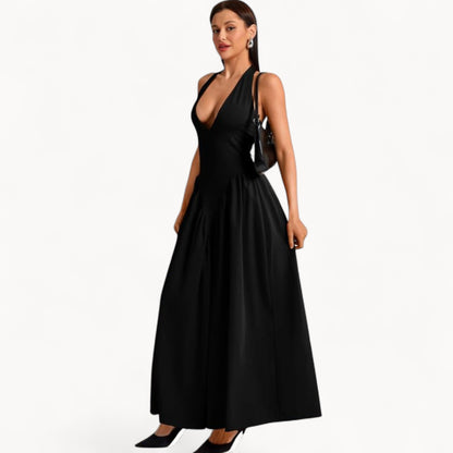 Women’s Fashion Long Summer Dress – Deep V Neck, Spliced Halter, Open Back Evening & Beach Dress