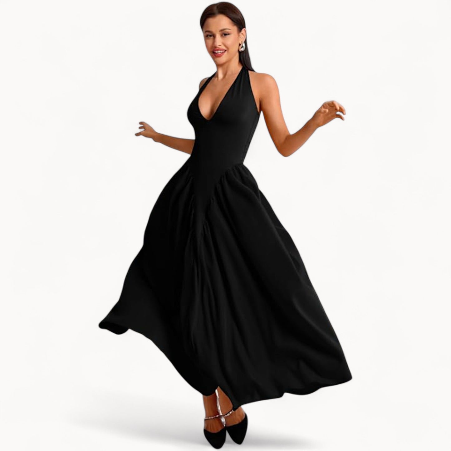 Women’s Fashion Long Summer Dress – Deep V Neck, Spliced Halter, Open Back Evening & Beach Dress