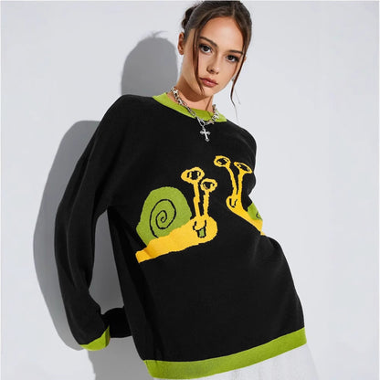 Women’s Street Style Cartoon Pullover – Jacquard Long Sleeve Polyester Top