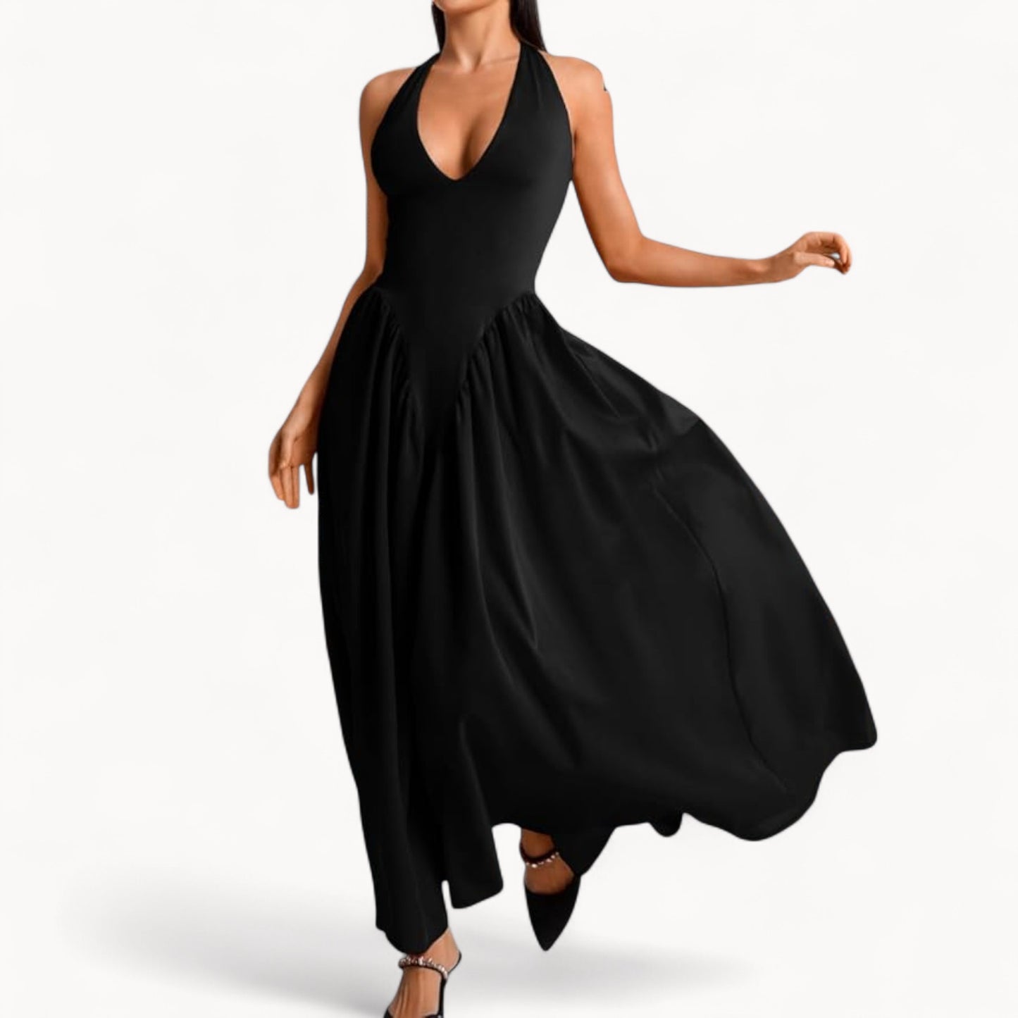 Women’s Fashion Long Summer Dress – Deep V Neck, Spliced Halter, Open Back Evening & Beach Dress