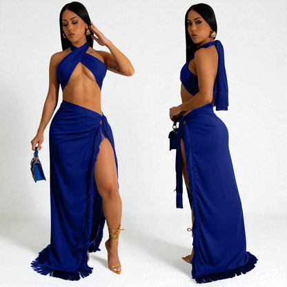 Women’s Evening Party Outfit – Sleeveless Crop Top & Maxi Skirt Set