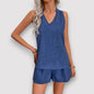 Women’s Blue Sleeveless Blouse & Shorts Set – Chic Summer Outfit, Elegant Casual Two-Piece