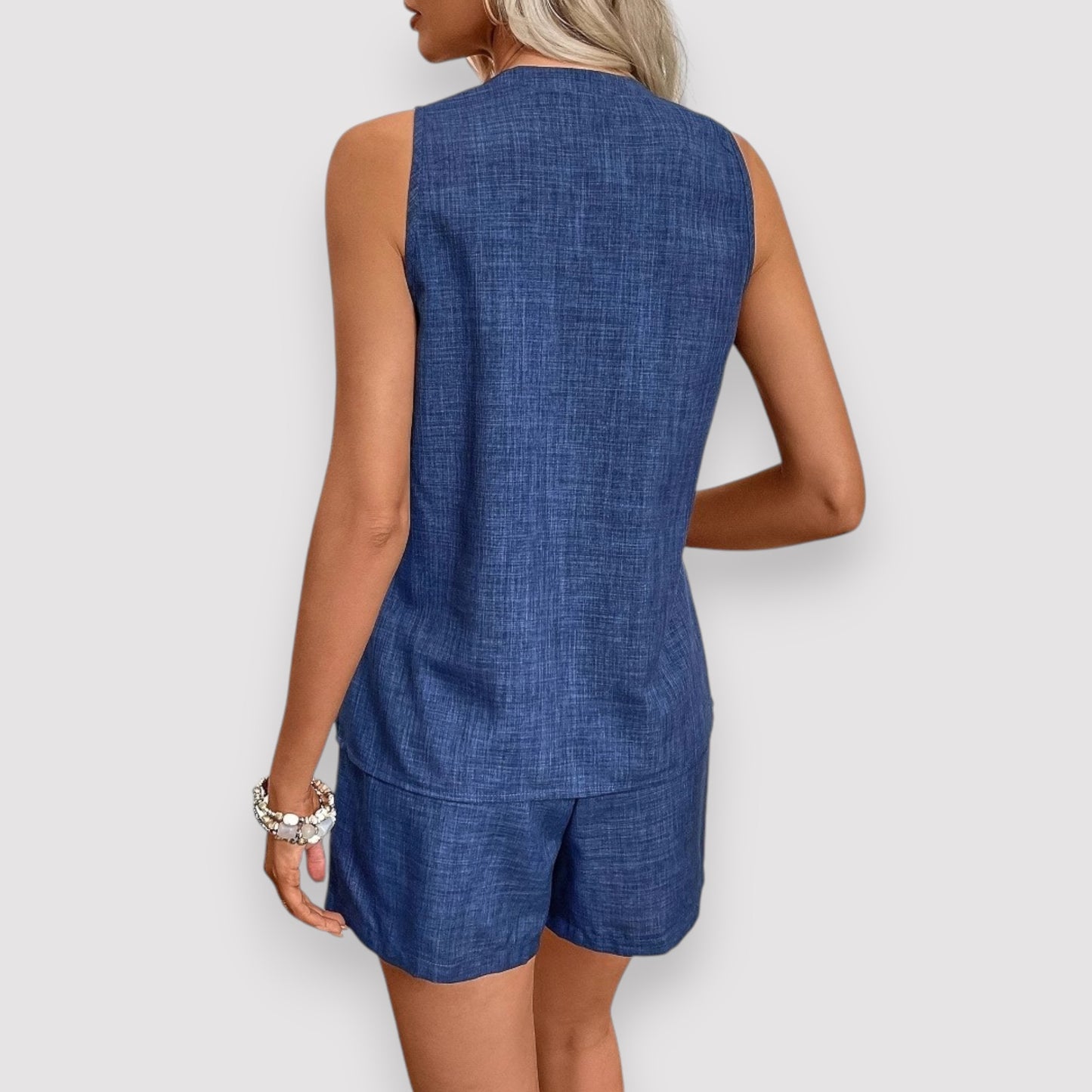 Women’s Blue Sleeveless Blouse & Shorts Set – Chic Summer Outfit, Elegant Casual Two-Piece