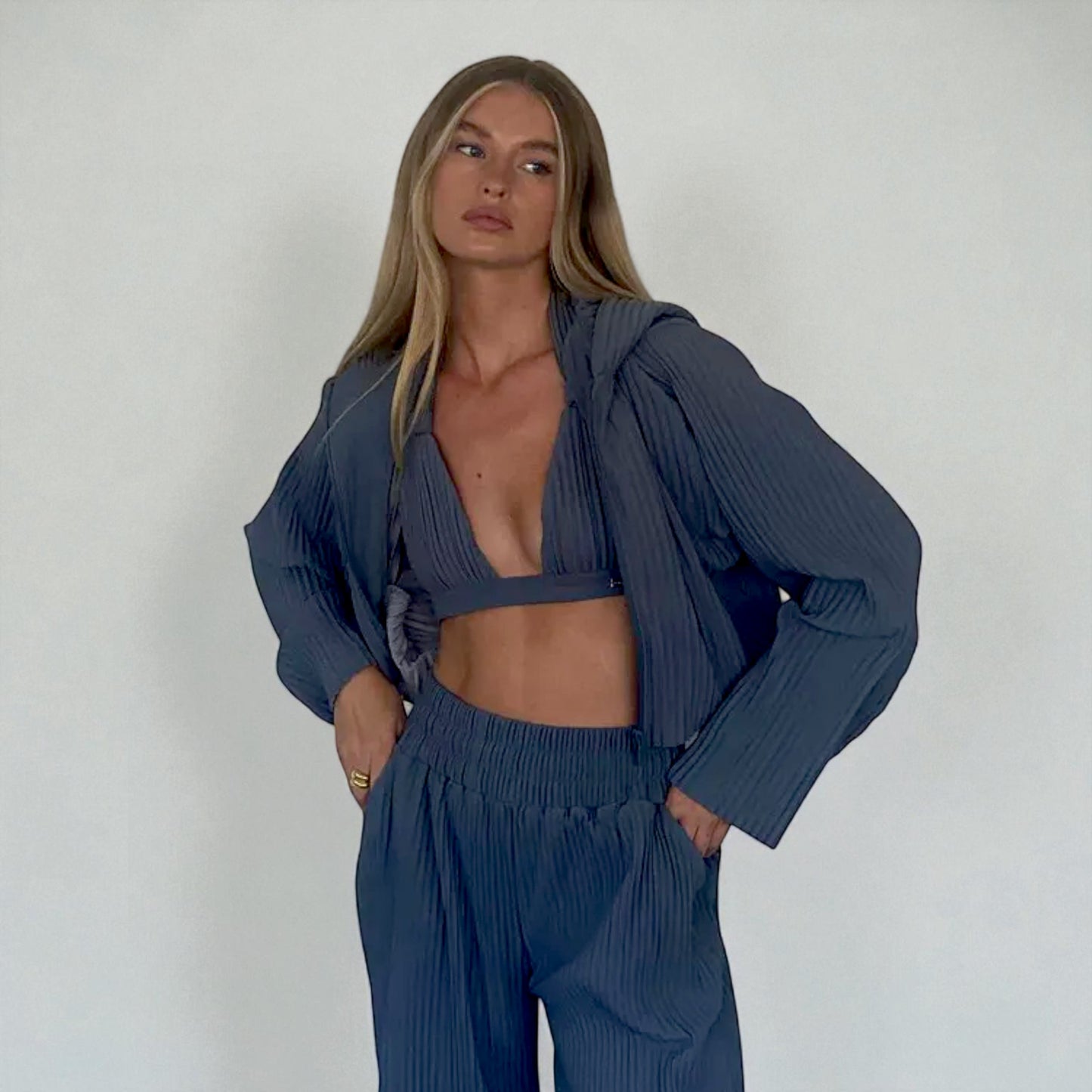 Women’s 3 Piece Knit  Pant Set – Long Sleeve Cardigan, Crop Bra Top & Wide Leg Pants