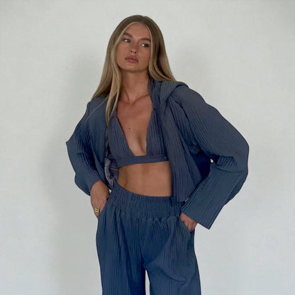 Women’s 3 Piece Knit  Pant Set – Long Sleeve Cardigan, Crop Bra Top & Wide Leg Pants