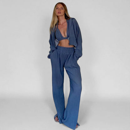 Women’s 3 Piece Knit  Pant Set – Long Sleeve Cardigan, Crop Bra Top & Wide Leg Pants