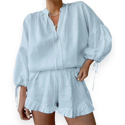 Lace-up Suits Loose V-neck Lantern Sleeve Top And Ruffles Shorts Solid Two-piece Set Womens Clothing